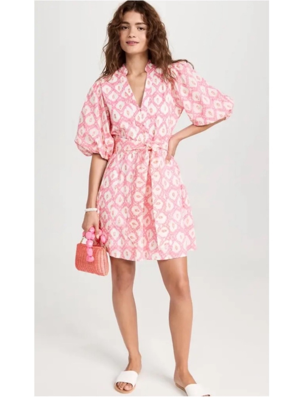 Pink Patterned V-Neck Puff-Sleeve Mini Dress